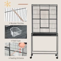 PawHut Large Rolling Metal Bird Cage Bird House with Detachable Rolling Stand, Storage Shelf, Wood Perch Food Container - Black(m-5)