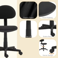 HOMCOM Small Desk Chair, Armless Office Chair with Adjustable Height, 360° Swivel Wheels, Low Back for Small Spaces, Black(m-5)