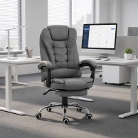 HOMCOM High Back Office Chair PU Leather Executive Office Chair with Retractable Footrest Padded Armrest Grey(m-1)