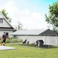 PawHut Heavy Duty Outdoor Dog Kennel with Waterproof Roof, 2 Secure Latches, Chain Link Dog Run for Backyard, 20' x 10' x 7'(m-15)
