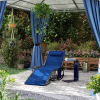 Outsunny Folding Outdoor Chaise Lounge Chair Tanning Chair with 4-Level Adjustable Back, Side Table, Pillow, Pocket, Dark Blue(m-10)