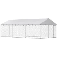 PawHut Heavy Duty Outdoor Dog Kennel with Waterproof Roof, 2 Secure Latches, Chain Link Dog Run for Backyard, 20' x 10' x 7'(m-1)