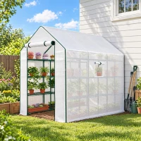 Outsunny Walk-in Greenhouse with 3 Tier, Garden Plant Growhouse with Roll-up Door and Mesh Windows, 140 x 213 x 190 cm, White(m-1)