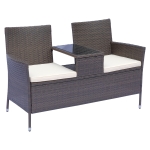 Outsunny 2 Seat Rattan Wicker Chair Bench with Tea Table Cushioned Seat All Weather Outdoor Brown