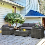 Outsunny 4 Piece Cushioned Outdoor Rattan Wicker Sofa Patio Furniture Set Table