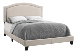 Monarch Queen Size Contemporary Upholstered Bed Frame with Brass Nail Head Trim and Wood Legs - Beige Linen Look
