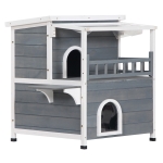 PawHut 2-Story Weatherproof Wood Cat House with Balcony & Doors for Indoor/Outdoor Use