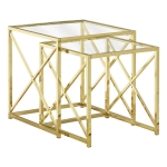 Monarch 2 Piece Contemporary Tempered Glass Nesting Accent Side End Table Set with X-Design Metal Base - Gold