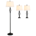HOMCOM 3 Piece Table Floor Lamp Set with Metal Pole, Round Base, and Fabric Lampshade, for Living Room - Black/White