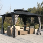 Outsunny 10' x 10' Steel Hardtop Gazebo Garden Sun Shelter with Mosquito Netting and Curtains Hanging Hook Aluminum Frame