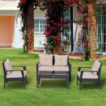 Outsunny 4pc Rattan Wicker Sofa Set Outdoor Coffee Table and Chair with Cushion, Brownish grey and Beige