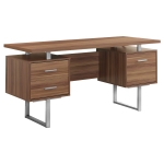 Monarch 60" Contemporary Floating Top Hollow-Core Office Desk with 2 Storage Drawers and File Drawer - Walnut / Silver Metal