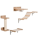 PawHut Cat Tree 4pc Pet Mounted Shelf Set, Feed Bowl, Climbing Hammock, Shelves, Beige