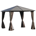 Outsunny 10' x 10' Hardtop Gazebo with Curtains and Netting, Permanent Pavilion Metal Roof Gazebo Canopy with Aluminum Frame, for Garden, Patio, Backyard, Deck, Dark Brown