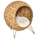PawHut Natural Rattan Cat House Pet Basket Dome and Cushion Bed with Metal Tripod for Stability, 20.5"
