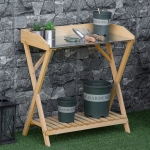 Outsunny Outdoor Garden Potting Bench Table Foldable Work Bench w/ Open Shelf Metal Tabletop Natural Wood Frame 33.5"x17.25"x35" Yellow(c-9)