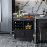 HOMCOM Portable Kitchen Trolley with Bamboo Top Storage Cabinet and Wine Rack (Black )
