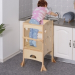 Qaba Step Stool with Support Handles, Safety Rail and Non-Slip, Learning Tower Hardwood Stepping Stool for kids and Toddlers, Counter Step -p HelperKids Footstool Natural