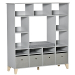 HOMCOM Wooden Kids Cabinet Organizer with Anti-toppling Hardware, Drawers, Cushion, Grey