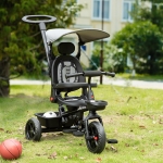 Qaba Baby Tricycle 4 In 1 Stroller w/ Reversible Angle Adjustable Seat Removable Handle Canopy Handrail Belt Storage Footrest Brake Clutch for 1-5 Years Old Grey