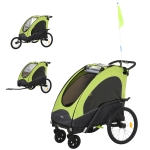 Aosom Child Bike Trailer 3 In1 Foldable Baby Trailer Transport Buggy Carrier with Shock Absorber System Rubber Tires Adjustable Handlebar - Green and Grey