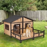 Pawhut Wooden Elevated Backyard All Weather Rustic Log Cabin Pet Dog House Kit