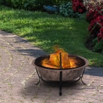 Outsunny Copper-Colored Round Basin Fire Pit Bowl with Organic Black Base, a Wood Poker, & Mesh Screen for Embers(c-3)