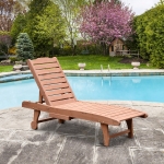 Outsunny Reclining Outdoor Wooden Chaise Lounge Patio Pool Chair with Pull-Out Tray