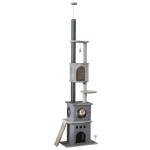 PawHut 100" Cat Climbing Tree Adjustable Kitty Activity Center Floor-to-Ceiling Climber Toy with Scratching Post Condo Pet Furniture, Light Grey