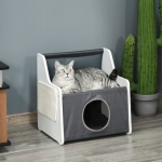 PawHut Wooden Cat House Foldable Kitten Cave 2 In 1 Design Condo Pet Bed with Soft Removable Washable Cushions Scratching Pad Suitcase Style Easy to Carry Grey(c-3)