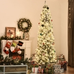 HOMCOM 7.5 Feet Christmas Tree Prelit Artificial Snow Flocked with Warm White LED Light, Holiday Home Xmas Decoration, Green White