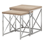 Monarch Contemporary 2 Piece Wood Grain-Look Top Chrome Metal Frame Accent Side Nesting Table Set - Natural Finish