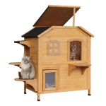 PawHut Solid Wood Cat House 2-Stories, with Indoor Lounge Space, Indoor/Outdoor, and Fun Entrances, Catio, Natural