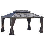 Outsunny 16' x 12' Outdoor Hardtop Patio Gazebo with Galvanized Steel Frame, Netting Sidewalls, Privacy Curtains, Brown