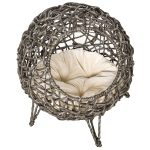 PawHut Wicker Cat Bed, Elevated Rattan Kitten Basket with Soft Cushion, Golden / Maroon