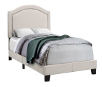 Monarch Twin Size Contemporary Upholstered Bed Frame with Brass Nail Head Trim and Wood Legs - Beige Linen Look
