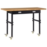 HOMCOM 59" Work Bench, Bamboo Tabletop Workstation Tool Table, Height Adjustable Work Table with Four Lockable Casters, Organizer Drawer for Garage, Weight Capacity 1320 Lbs