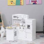 Qaba Toy Cooking Set White Kids Kitchen Play Set with Drinking Fountain, Microwave, and Fridge with Accessories White