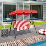 Outsunny Meatal 3-Seater Outdoor Porch Swing with Stand Cushioned Garden Lounger Patio Hammock with Frame and Canopy Red and White(c-5)