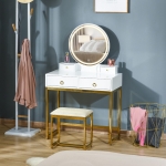 HOMCOM Makeup Vanity Table Set with 3-Color Touch Screen Dimmable Lighted Mirror, Dressing Desk with 4 Drawers and Cushioned Stool for Bedroom, White