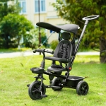 Qaba Baby Tricycle 4 In 1 Stroller w/ Reversible Angle Adjustable Seat Removable Handle Canopy Handrail Belt Storage Footrest Brake Clutch for 1-5 Years Old Black