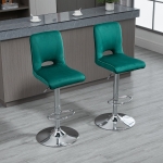 HOMCOM Modern Bar stool Set of 2 Armless Adjustable Height Fabric Upholstered Bar Chair with Swivel Seat, Green
