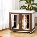 PawHut 34'' Wooden Dog Cage, Modern Wire Dog Crate, Pet Kennel with Door, Lock, Adjustable Foot Pads, for Small and Medium Dogs, Coffee and White