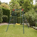 Outsunny Metal Swing Set with Adjustable Rope Heavy Duty A-Frame Stand Backyard Outdoor Playset for Kids Fun 6-12 Years Old Green