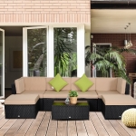 Outsunny 7pcs Wicker Rattan Sectional Set Outdoor Patio Sofa Table Footstools Set Garden Furniture with Cushions Khaki