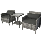 Outsunny 3 Piece Patio PE Rattan Wicker Coffee Bistro Set with Cushions, Conversation Furniture Set with Glass Top Table, Open Shelf for Backyard, Garden, Patio - Grey