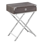 Monarch 24" Contemporary Accent Side End Table with Large Storage Drawer and Metal X-Design Legs - Dark Taupe Wood Grain-Look / Chrome Metal Legs