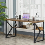 HOMCOM 55” Computer Writing Desk, Corner Workstation, Laptop Table with K-Shaped Steel Leg and Storage Shelf, Brown and Black