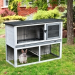 PawHut 2-tier Wood Rabbit Hutch Backyard Bunny Cage Habitat Small Animal House w/ Ramp, Slide Out Tray and Outdoor Run