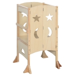 Qaba Kids kitchen step stool Foldable Step Stool with Support Safety Rails & Non-Slip Feet for Cooking & Cleaning - Natural